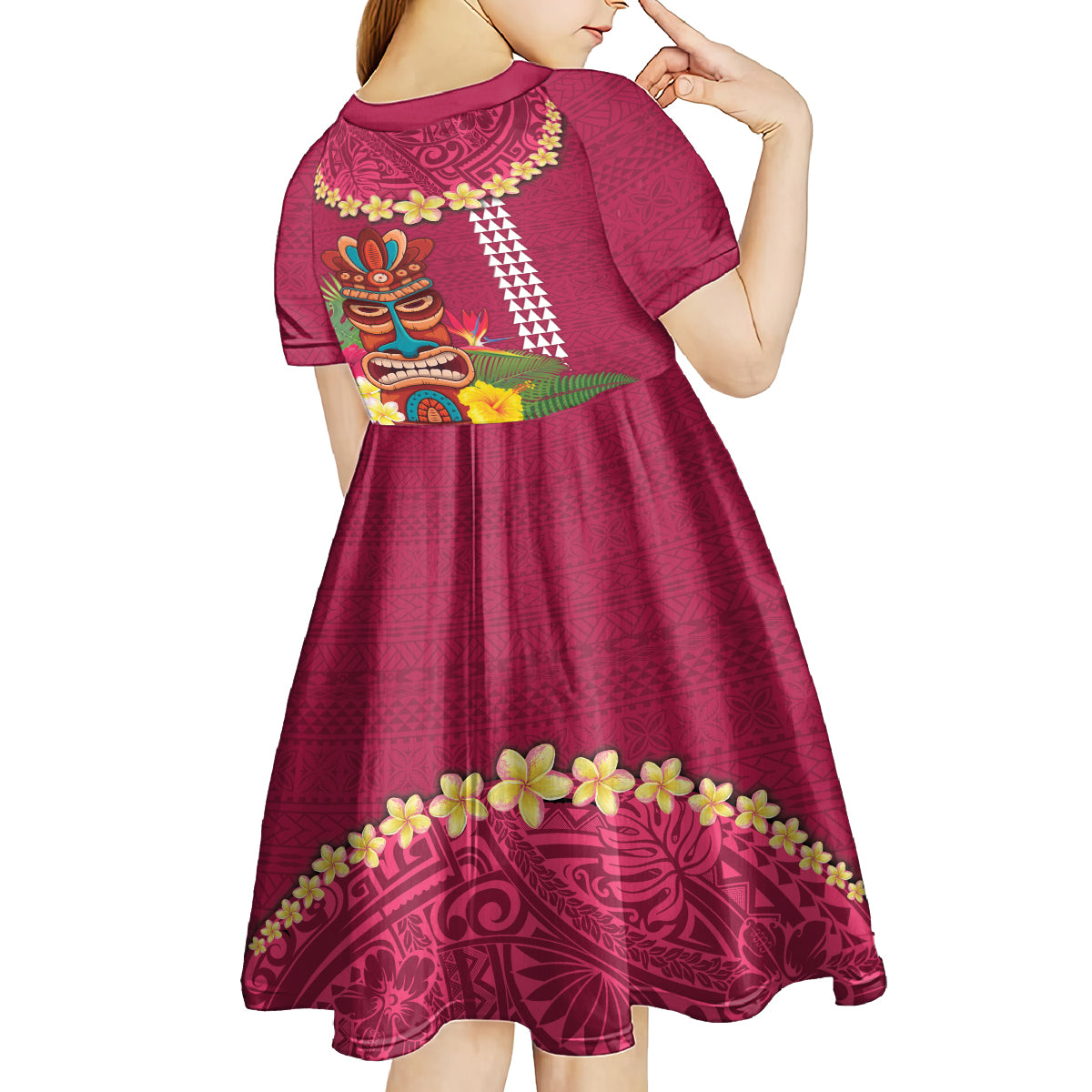 Hawaii Plumeria Lei Kid Short Sleeve Dress Tiki and Kakau Pattern Pink Color LT03 - Polynesian Pride