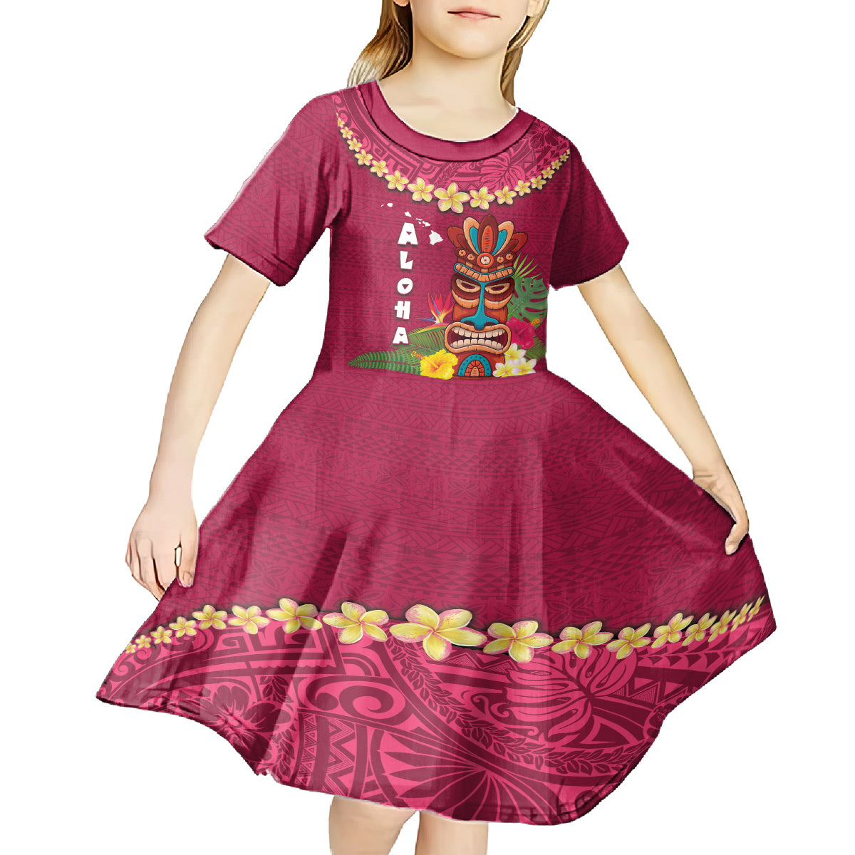 Hawaii Plumeria Lei Kid Short Sleeve Dress Tiki and Kakau Pattern Pink Color LT03 - Polynesian Pride