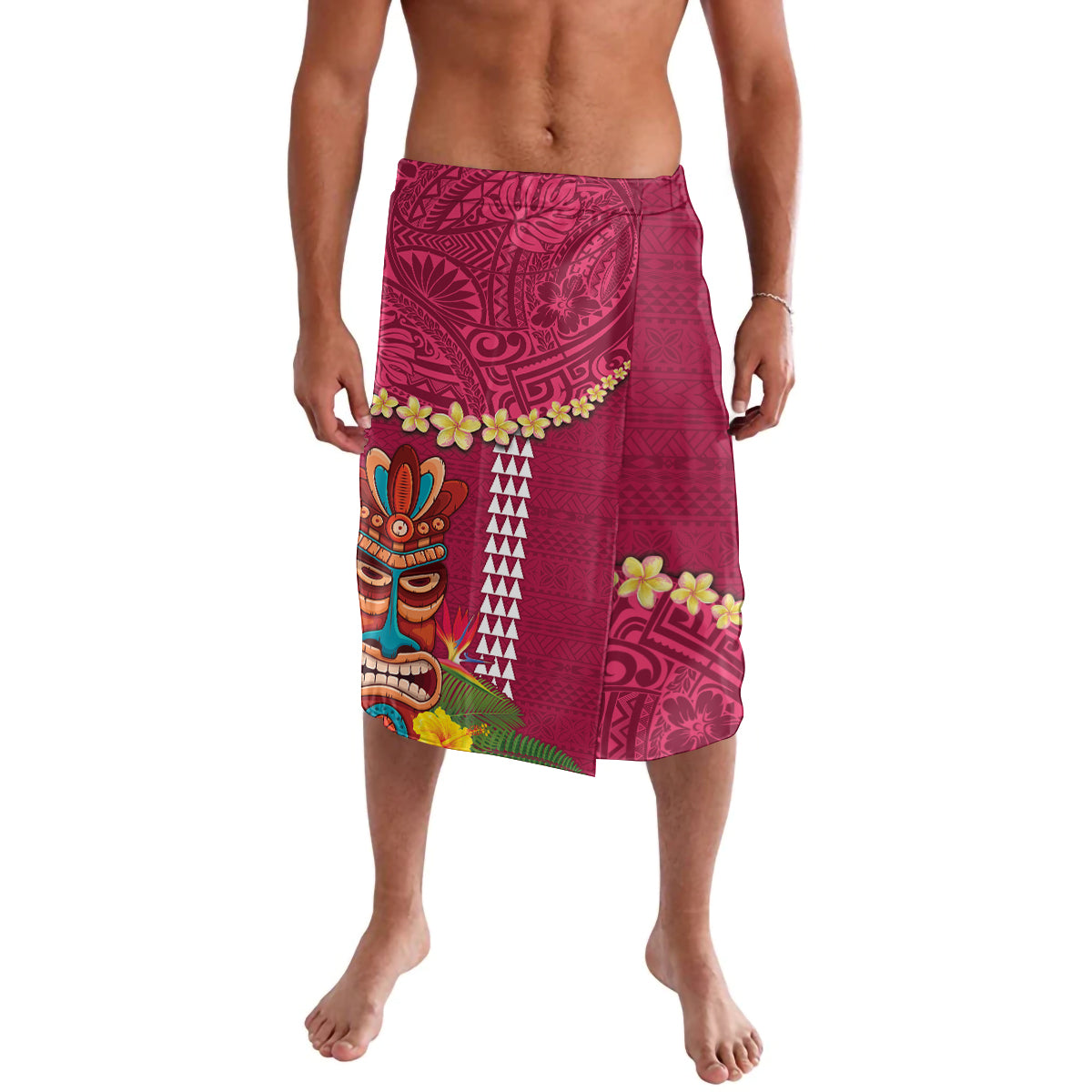 Hawaii Plumeria Lei Lavalava Tiki and Kakau Pattern Pink Color LT03 Pink - Polynesian Pride