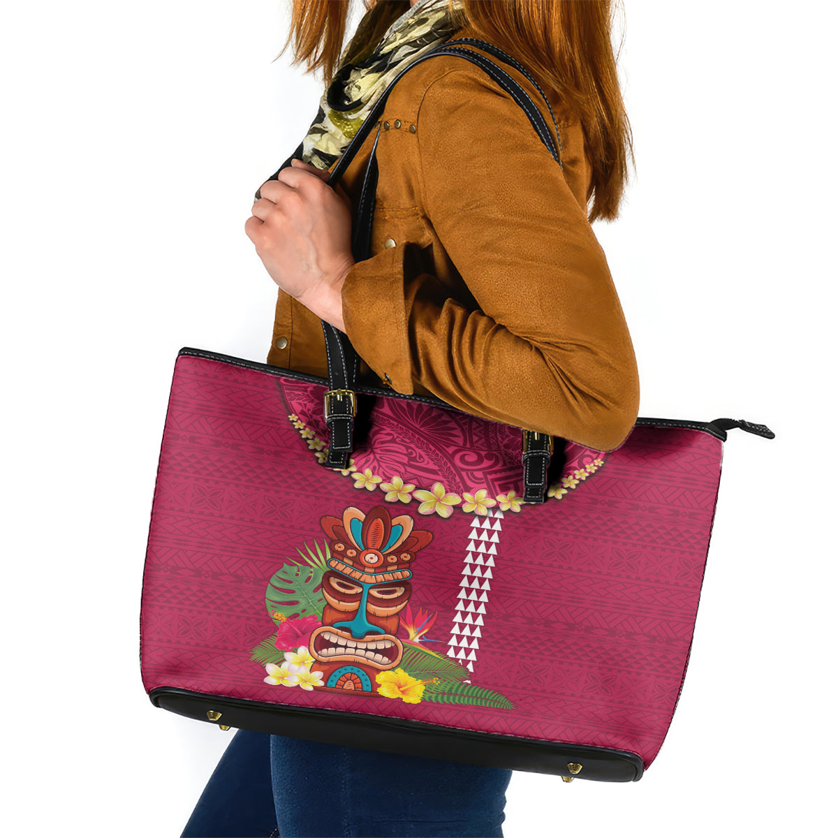 Hawaii Plumeria Lei Leather Tote Bag Tiki and Kakau Pattern Pink Color LT03 Pink - Polynesian Pride