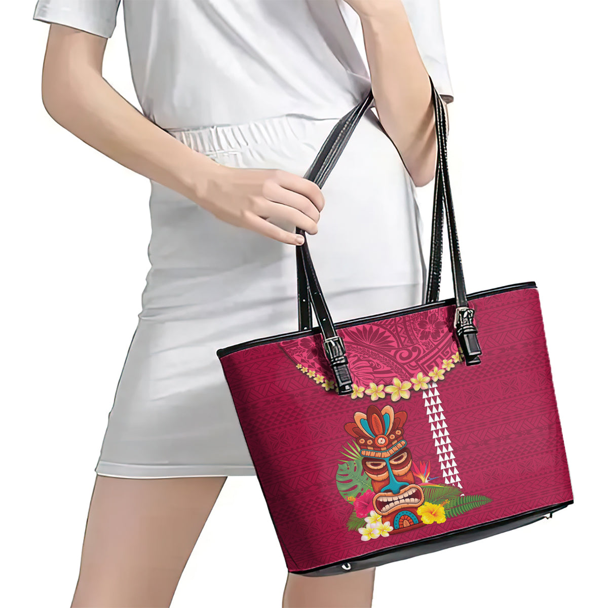 Hawaii Plumeria Lei Leather Tote Bag Tiki and Kakau Pattern Pink Color LT03 - Polynesian Pride