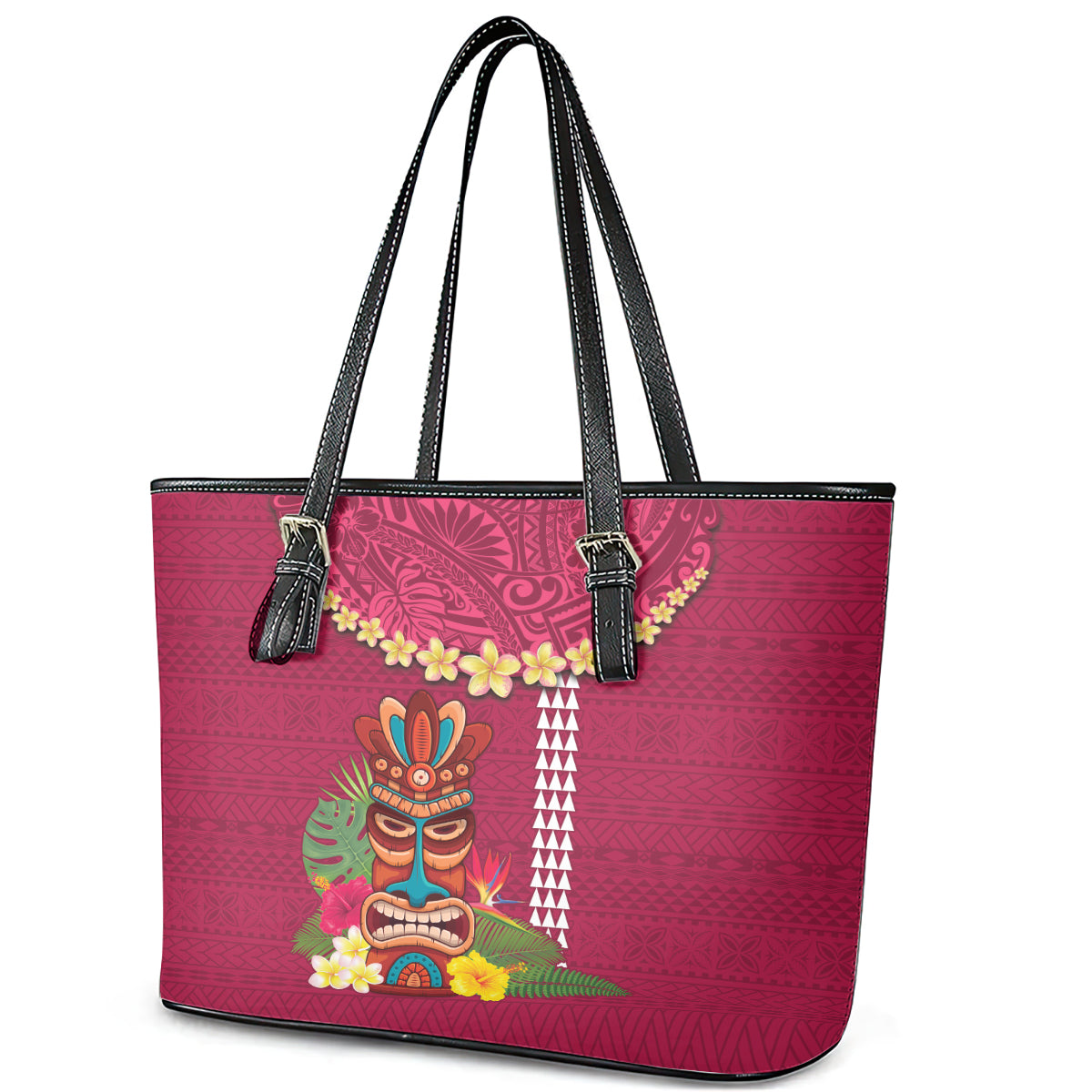 Hawaii Plumeria Lei Leather Tote Bag Tiki and Kakau Pattern Pink Color LT03 - Polynesian Pride