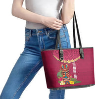 Hawaii Plumeria Lei Leather Tote Bag Tiki and Kakau Pattern Pink Color LT03 - Polynesian Pride
