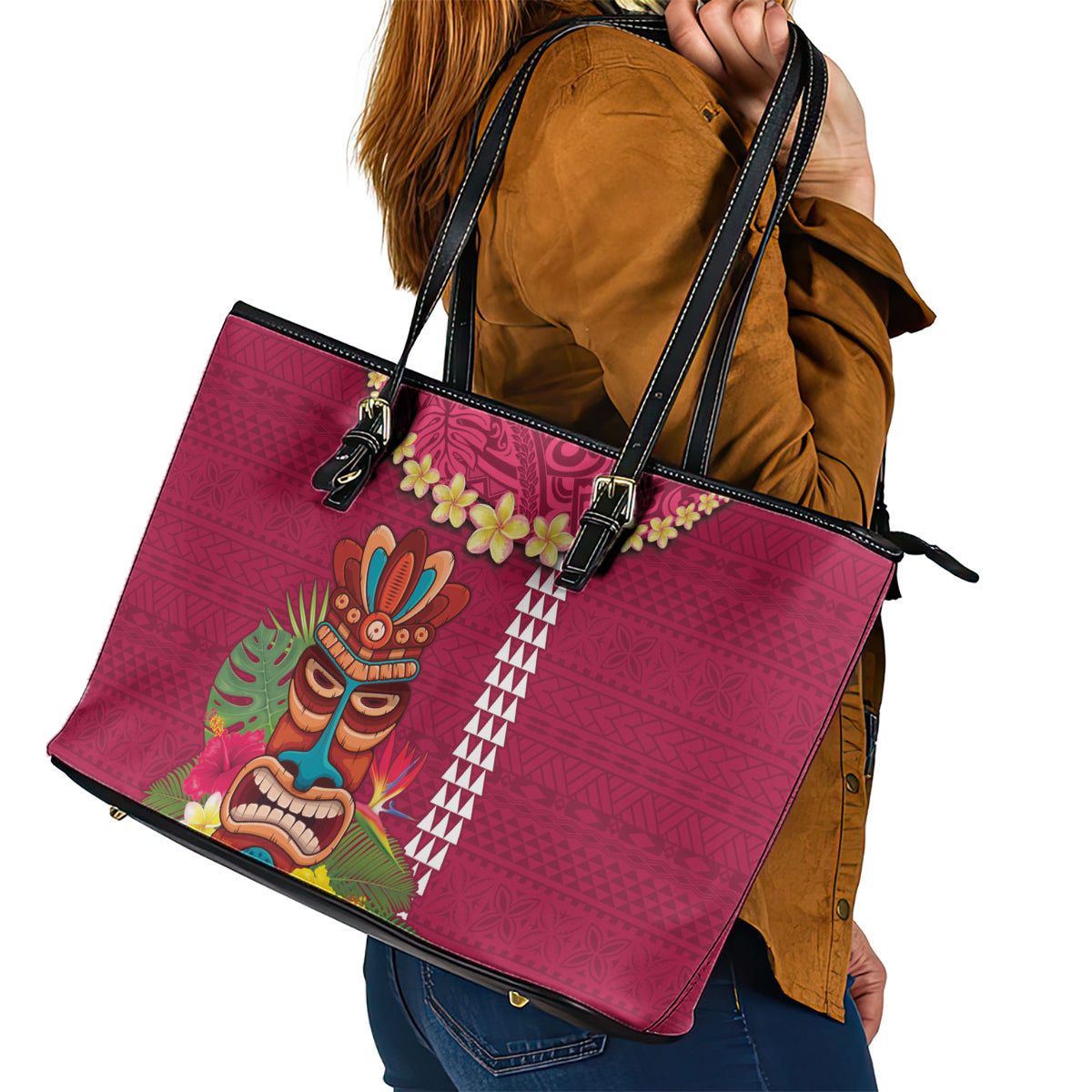 Hawaii Plumeria Lei Leather Tote Bag Tiki and Kakau Pattern Pink Color LT03 - Polynesian Pride