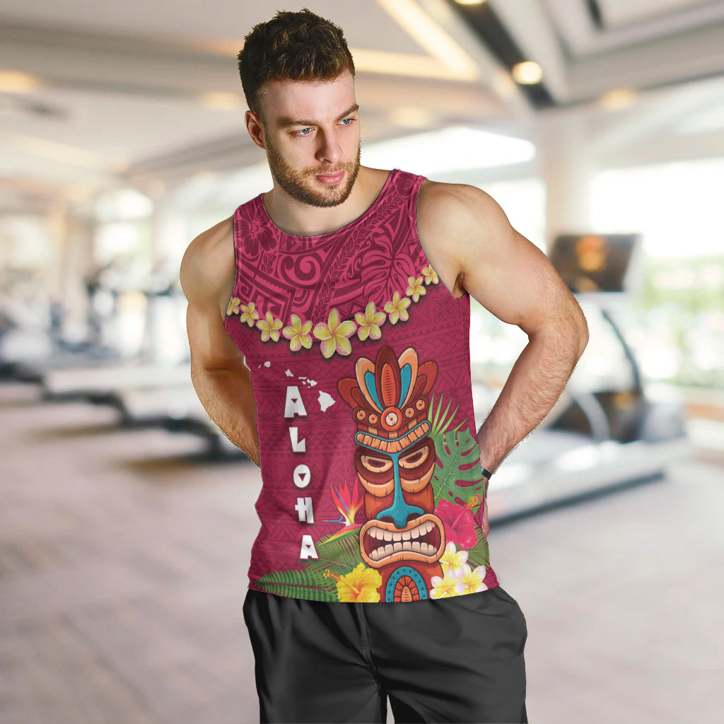 Hawaii Plumeria Lei Men Tank Top Tiki and Kakau Pattern Pink Color