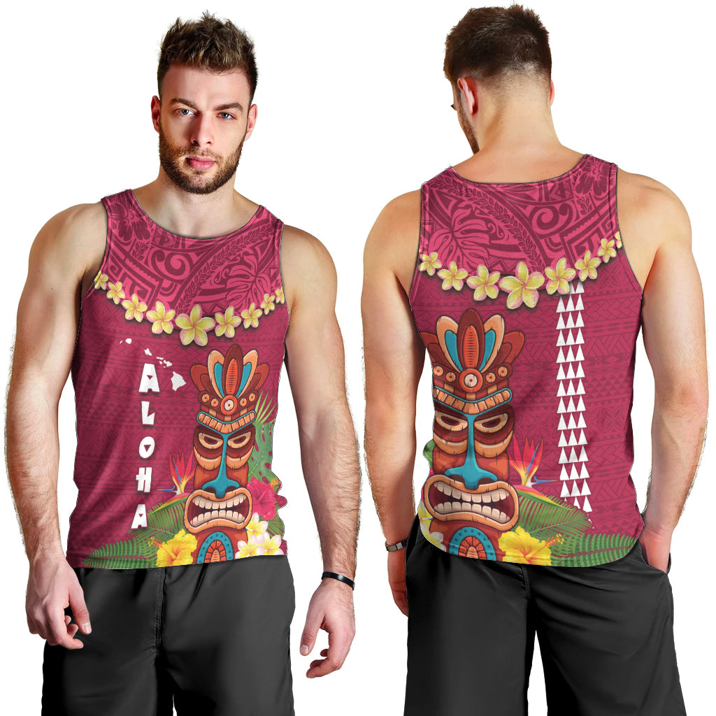 Hawaii Plumeria Lei Men Tank Top Tiki and Kakau Pattern Pink Color LT03 - Polynesian Pride
