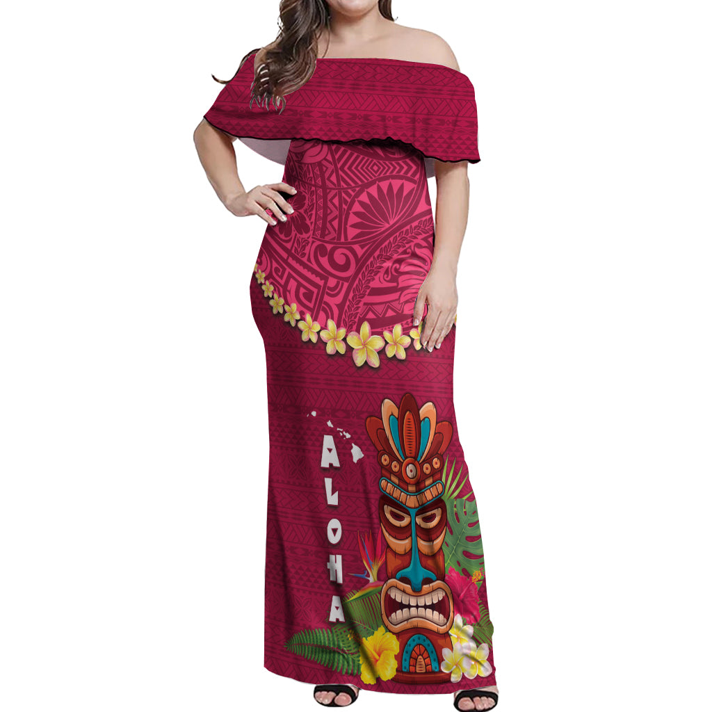 Hawaii Plumeria Lei Off Shoulder Maxi Dress Tiki and Kakau Pattern Pink Color LT03 Women Pink - Polynesian Pride