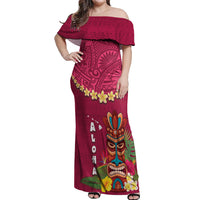 Hawaii Plumeria Lei Off Shoulder Maxi Dress Tiki and Kakau Pattern Pink Color LT03 Women Pink - Polynesian Pride