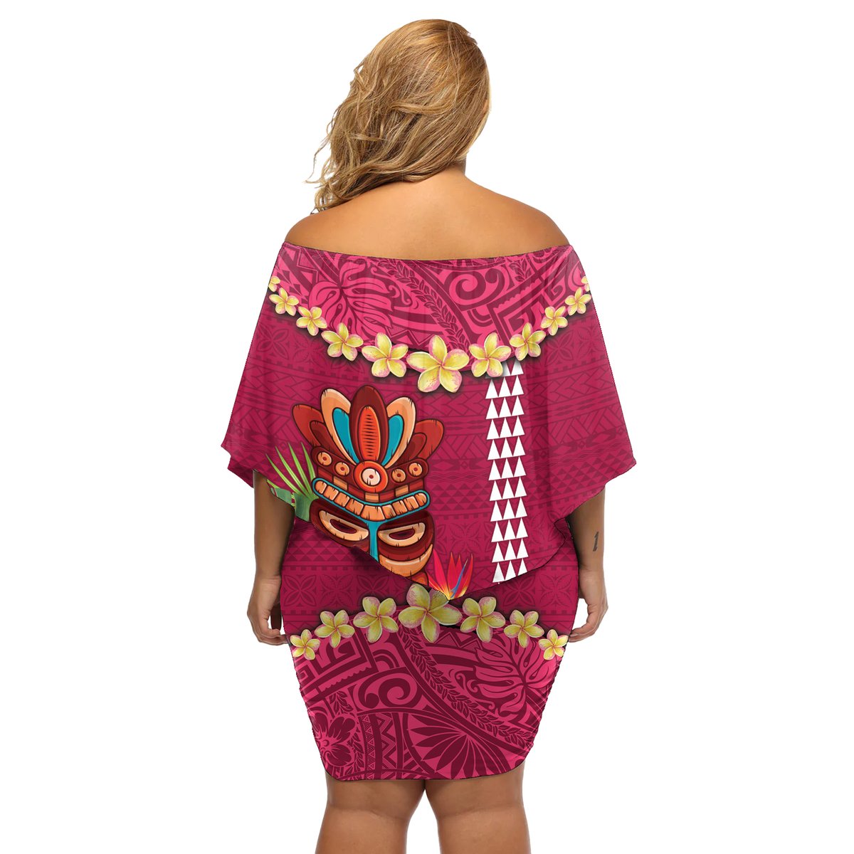 Hawaii Plumeria Lei Off Shoulder Short Dress Tiki and Kakau Pattern Pink Color LT03 - Polynesian Pride