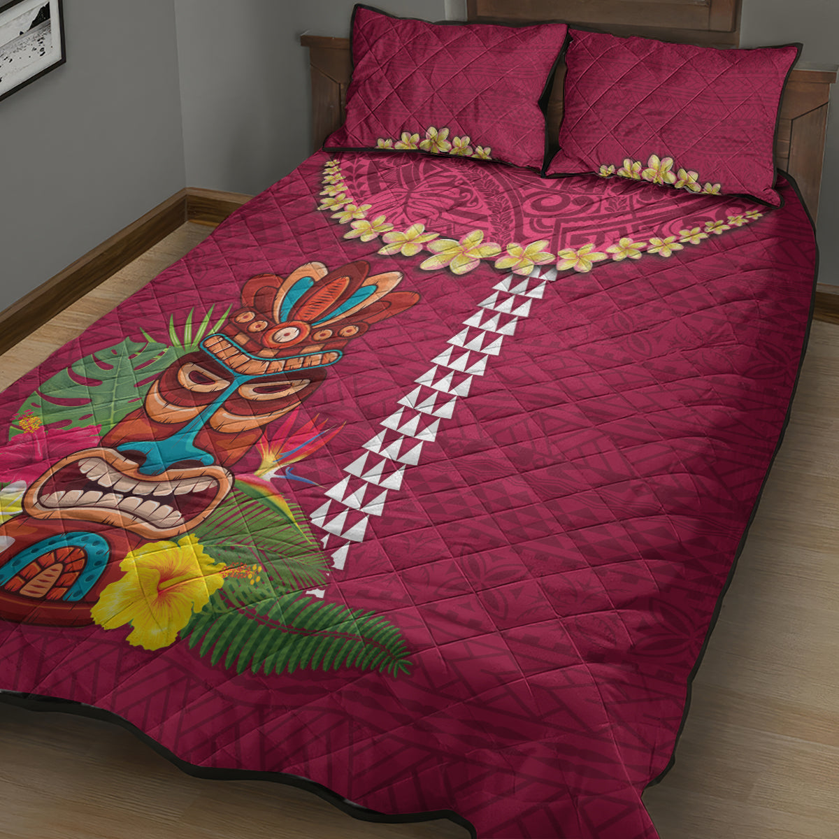 Hawaii Plumeria Lei Quilt Bed Set Tiki and Kakau Pattern Pink Color LT03 - Polynesian Pride