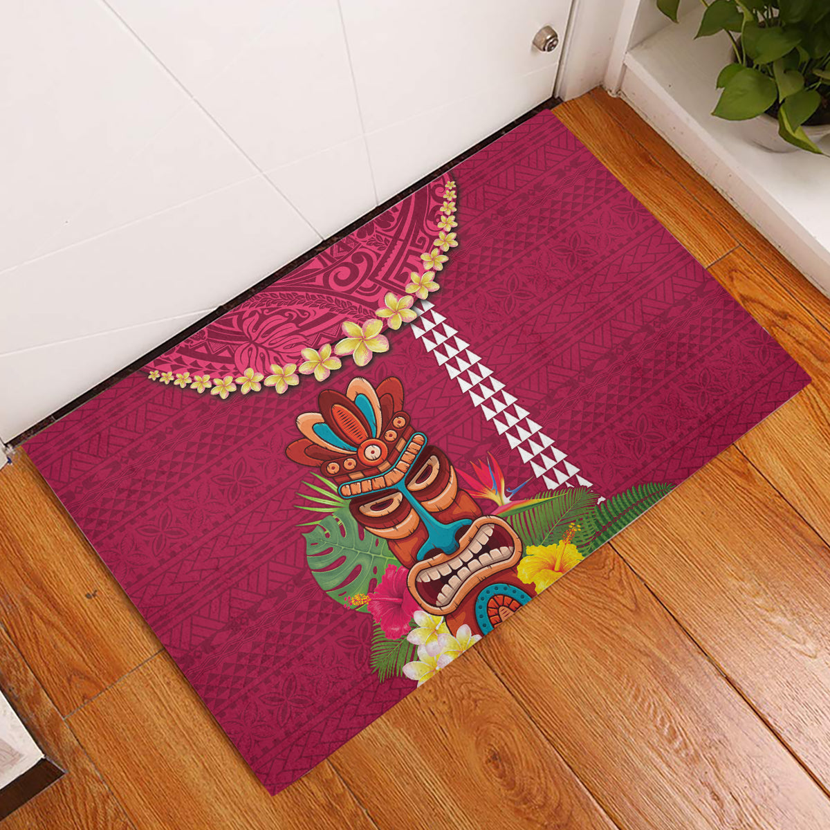 Hawaii Plumeria Lei Rubber Doormat Tiki and Kakau Pattern Pink Color LT03 Pink - Polynesian Pride