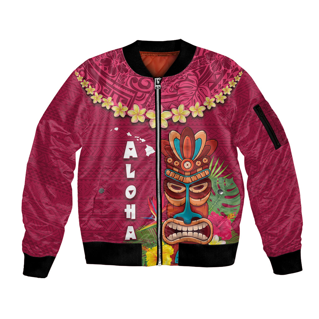 Hawaii Plumeria Lei Sleeve Zip Bomber Jacket Tiki and Kakau Pattern Pink Color LT03 Unisex Pink - Polynesian Pride