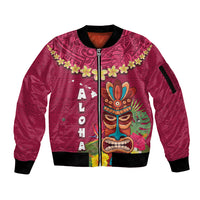 Hawaii Plumeria Lei Sleeve Zip Bomber Jacket Tiki and Kakau Pattern Pink Color LT03 Unisex Pink - Polynesian Pride