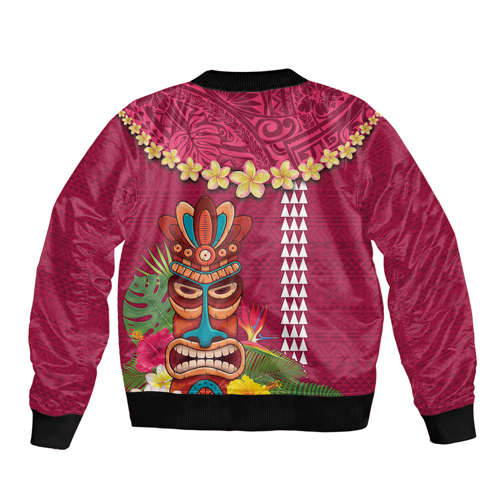 Hawaii Plumeria Lei Sleeve Zip Bomber Jacket Tiki and Kakau Pattern Pink Color LT03 - Polynesian Pride