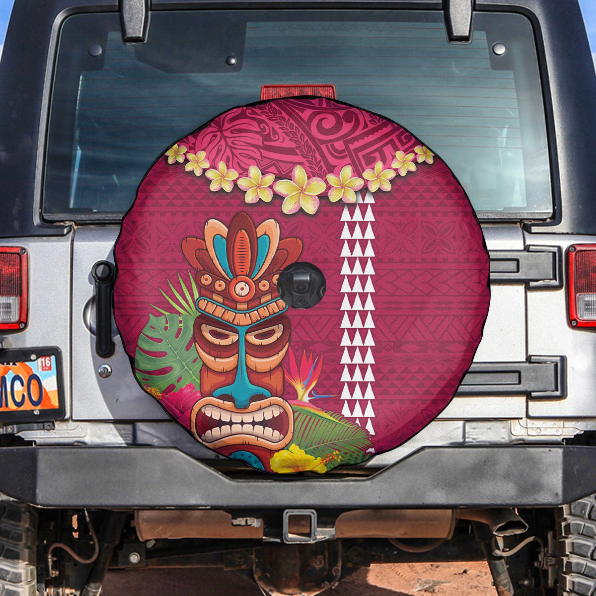 Hawaii Plumeria Lei Spare Tire Cover Tiki and Kakau Pattern Pink Color