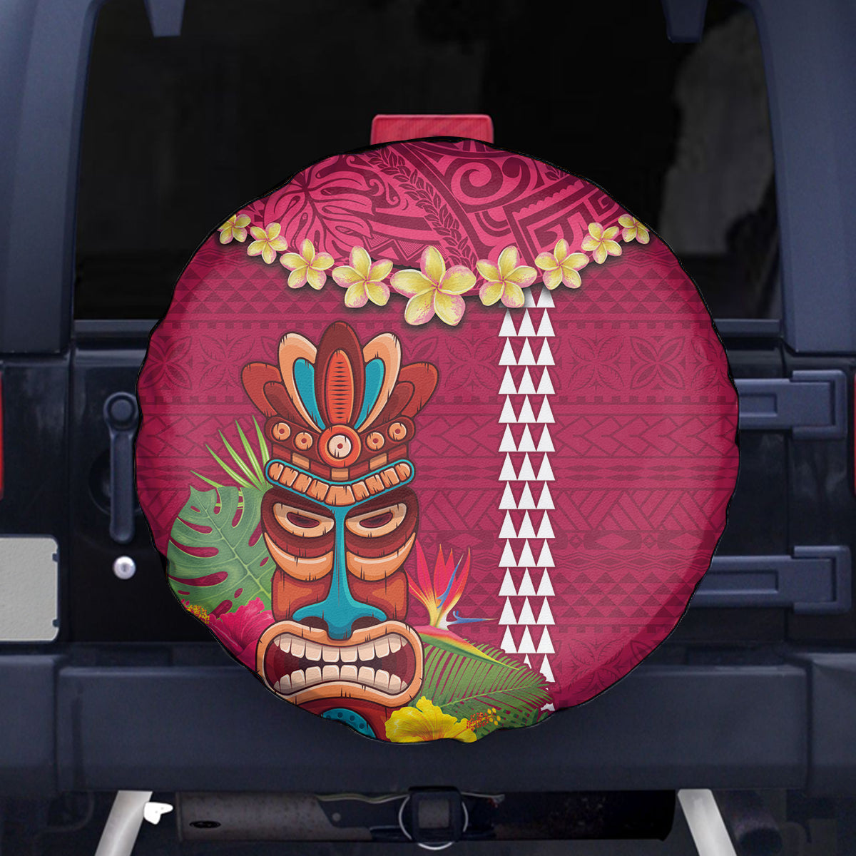 Hawaii Plumeria Lei Spare Tire Cover Tiki and Kakau Pattern Pink Color LT03 - Polynesian Pride