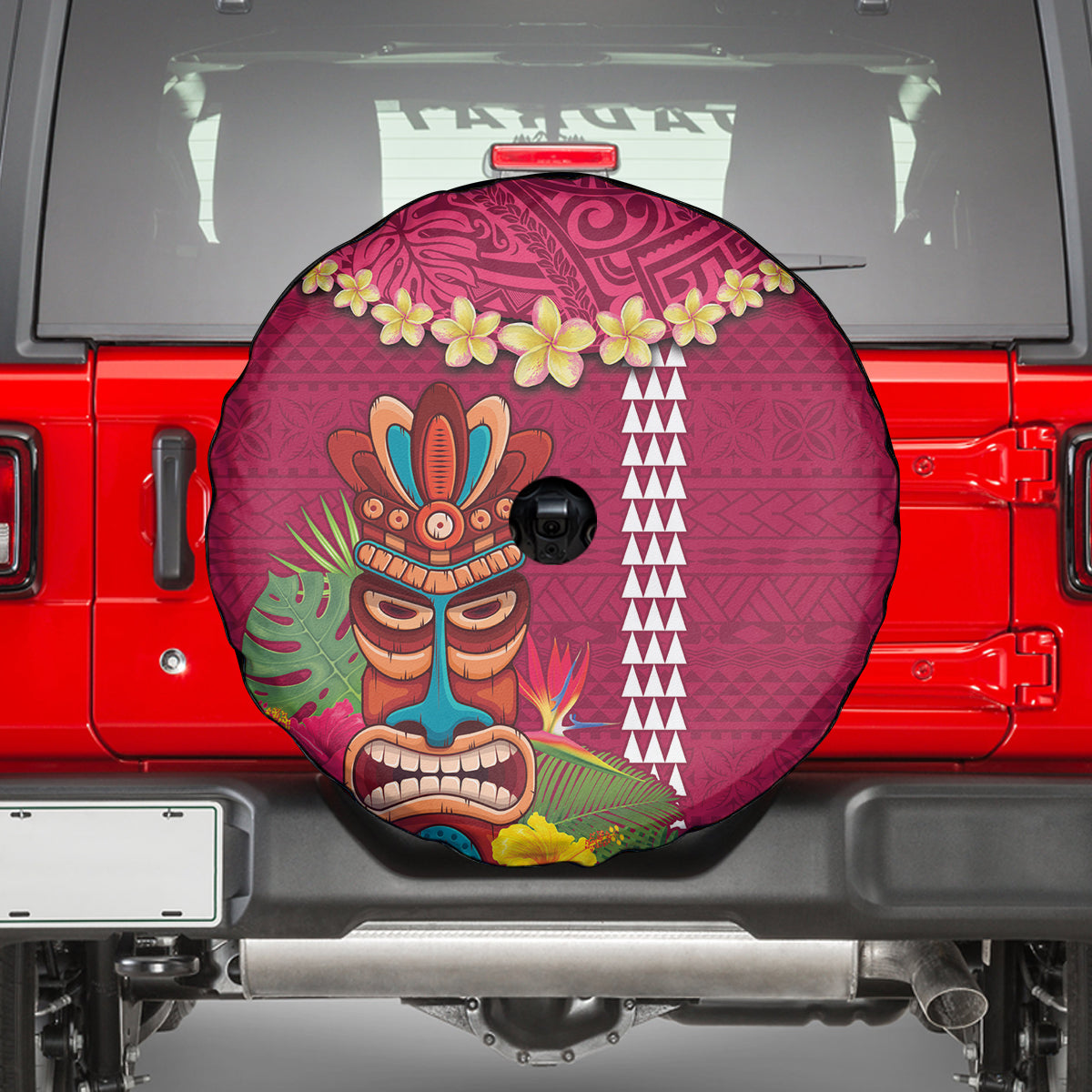 Hawaii Plumeria Lei Spare Tire Cover Tiki and Kakau Pattern Pink Color LT03 - Polynesian Pride