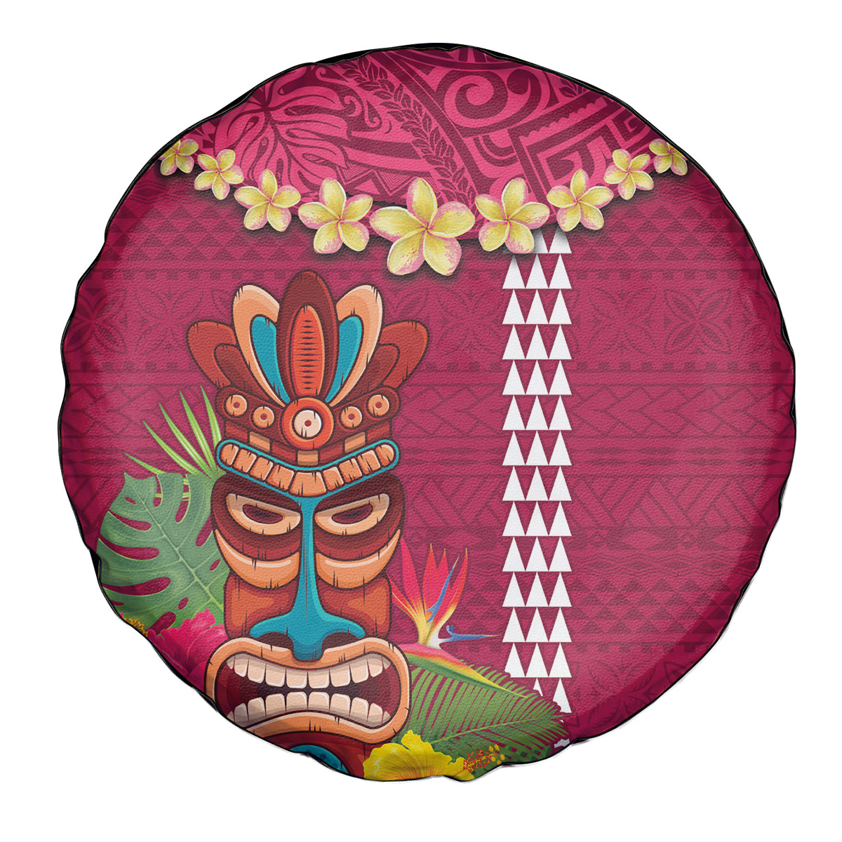 Hawaii Plumeria Lei Spare Tire Cover Tiki and Kakau Pattern Pink Color LT03 - Polynesian Pride