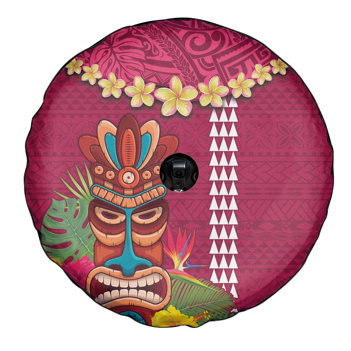 Hawaii Plumeria Lei Spare Tire Cover Tiki and Kakau Pattern Pink Color LT03 - Polynesian Pride