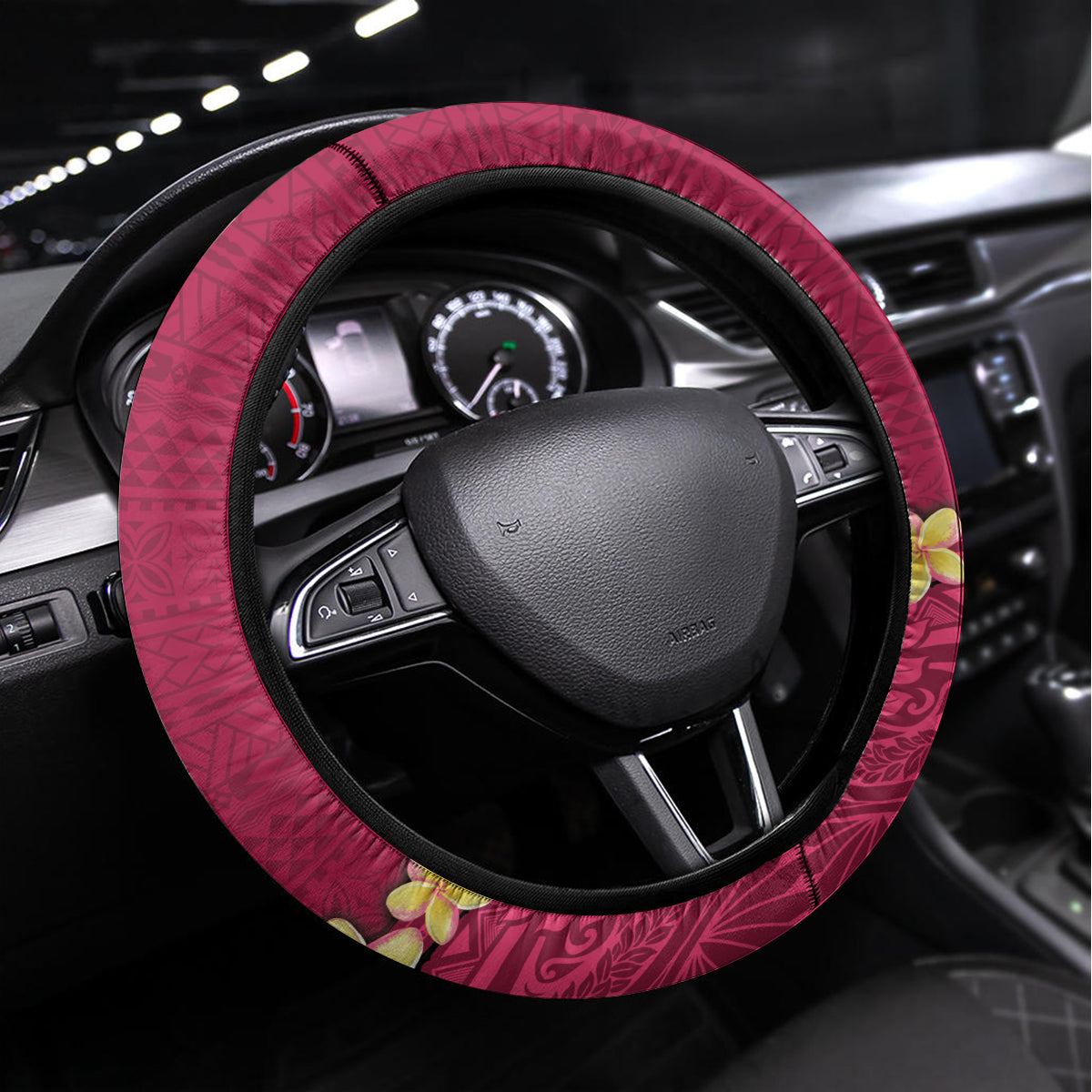 Hawaii Plumeria Lei Steering Wheel Cover Tiki and Kakau Pattern Pink Color