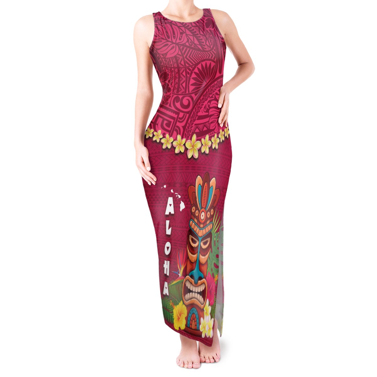Hawaii Plumeria Lei Tank Maxi Dress Tiki and Kakau Pattern Pink Color LT03 Women Pink - Polynesian Pride