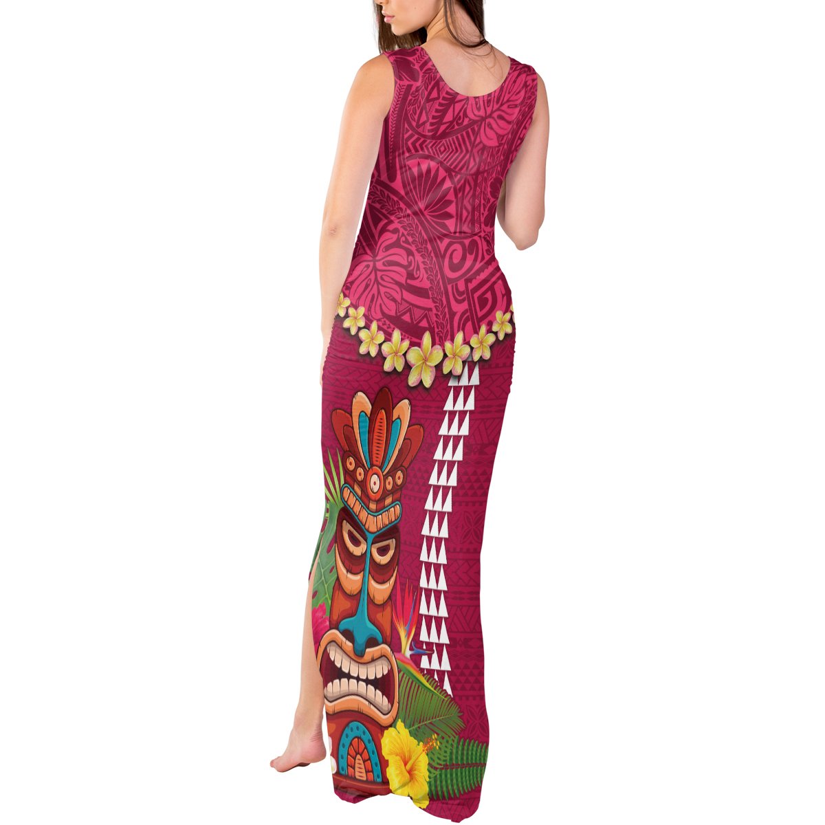 Hawaii Plumeria Lei Tank Maxi Dress Tiki and Kakau Pattern Pink Color LT03 - Polynesian Pride