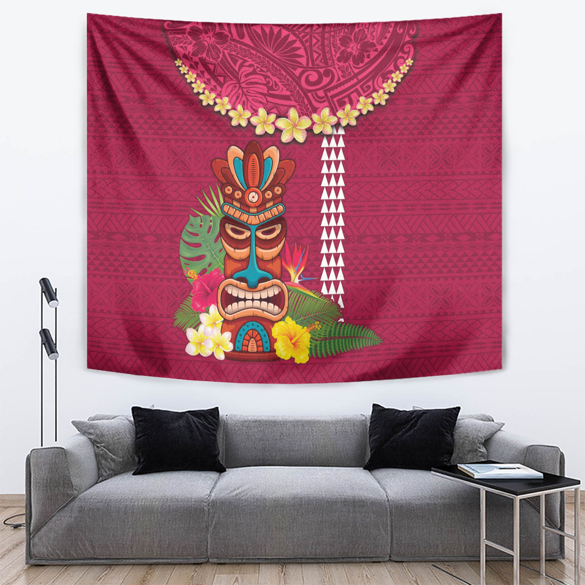 Hawaii Plumeria Lei Tapestry Tiki and Kakau Pattern Pink Color LT03 Pink - Polynesian Pride