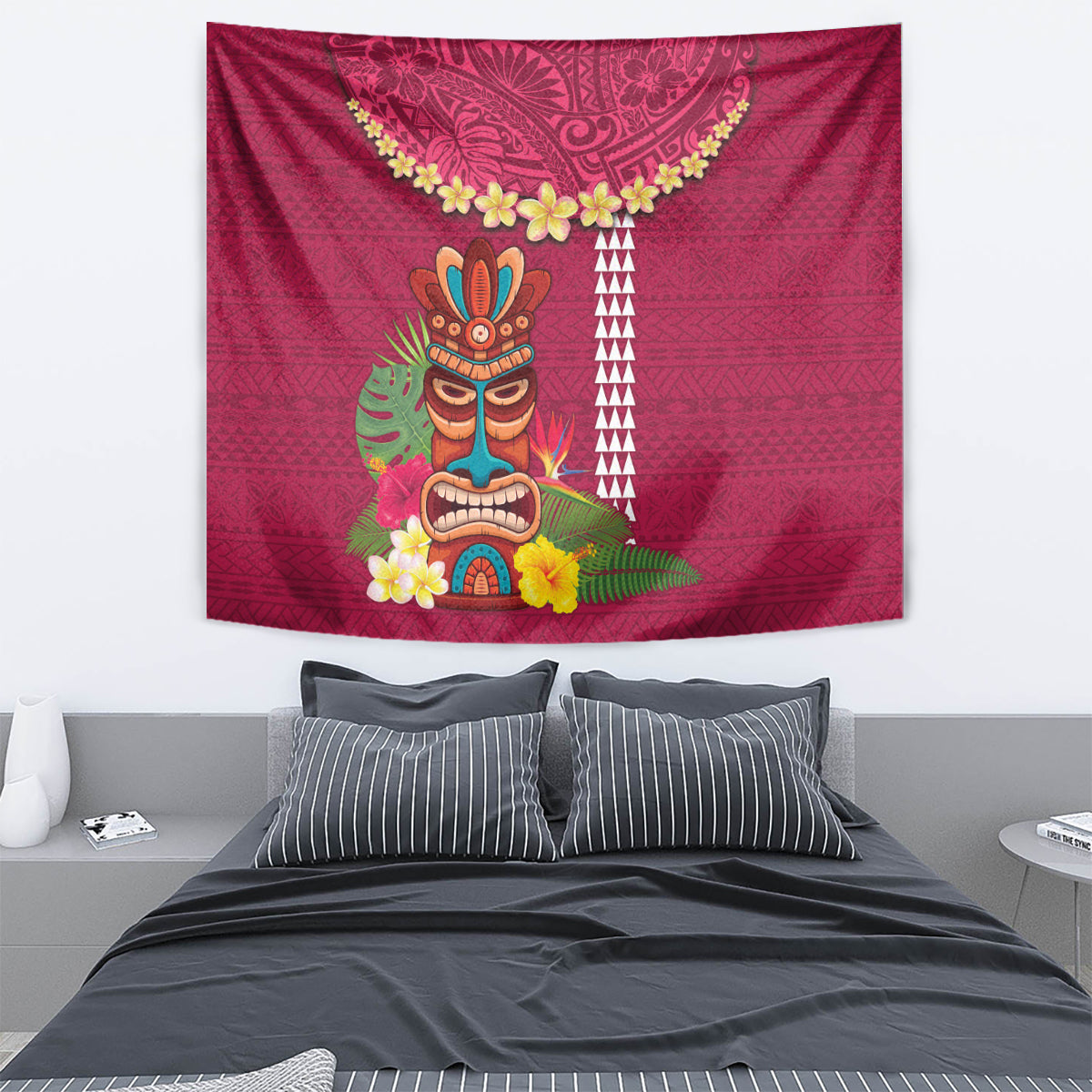 Hawaii Plumeria Lei Tapestry Tiki and Kakau Pattern Pink Color LT03 - Polynesian Pride