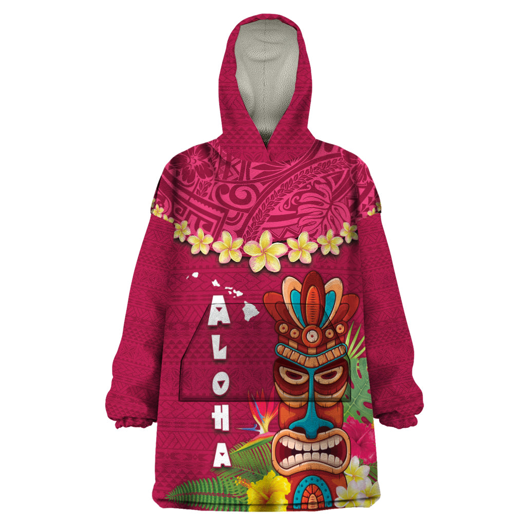 Hawaii Plumeria Lei Wearable Blanket Hoodie Tiki and Kakau Pattern Pink Color