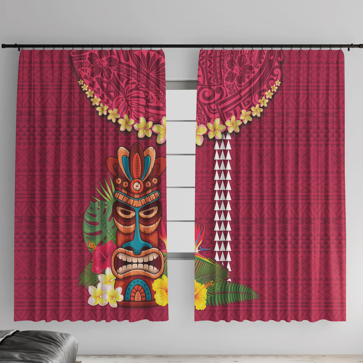 Hawaii Plumeria Lei Window Curtain Tiki and Kakau Pattern Pink Color LT03 With Hooks Pink - Polynesian Pride