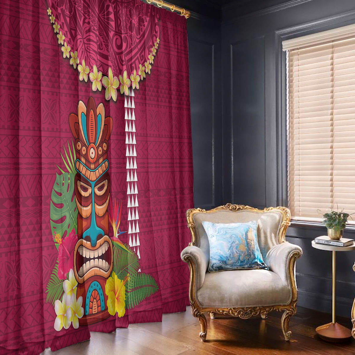 Hawaii Plumeria Lei Window Curtain Tiki and Kakau Pattern Pink Color LT03 - Polynesian Pride