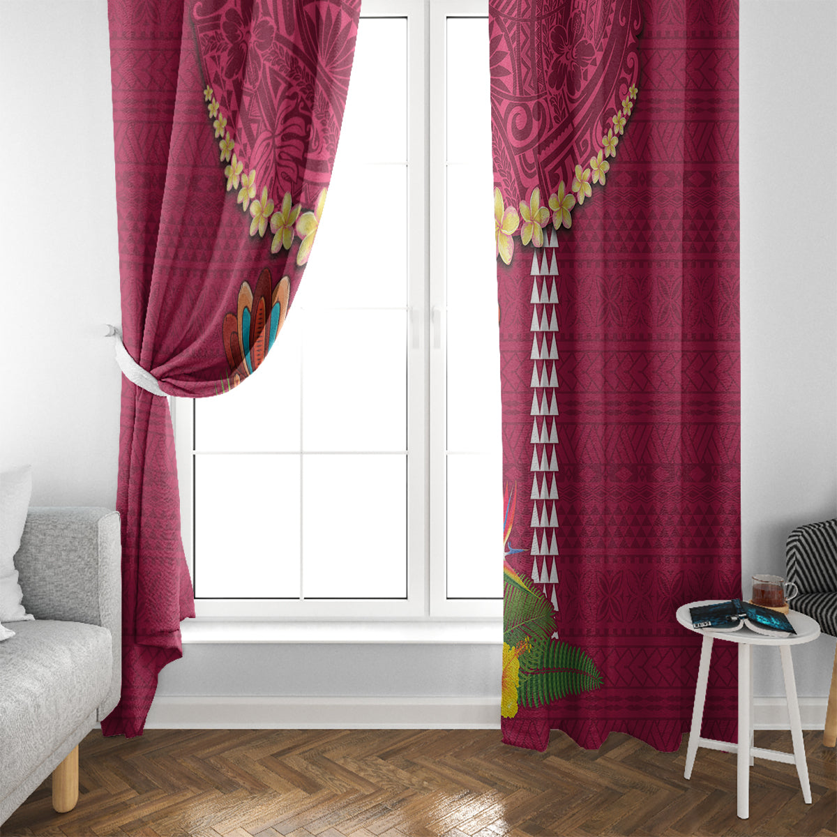 Hawaii Plumeria Lei Window Curtain Tiki and Kakau Pattern Pink Color LT03 - Polynesian Pride