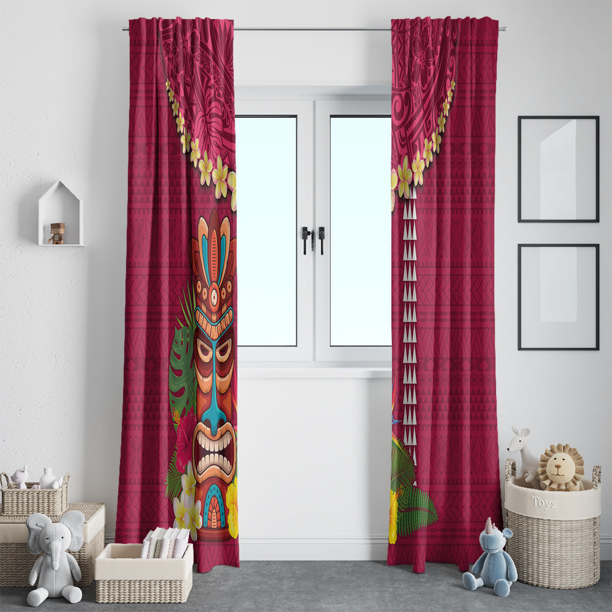 Hawaii Plumeria Lei Window Curtain Tiki and Kakau Pattern Pink Color LT03 - Polynesian Pride