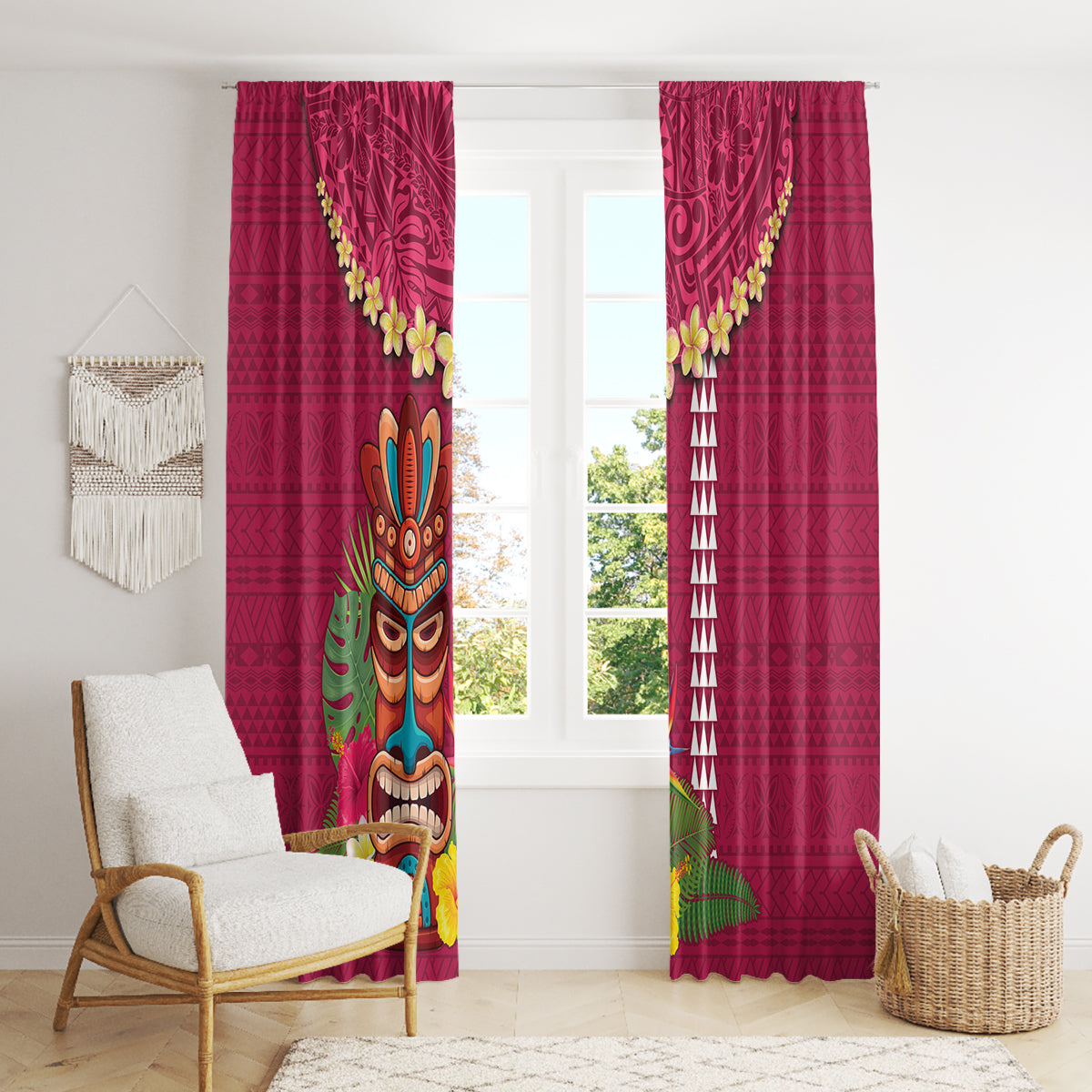 Hawaii Plumeria Lei Window Curtain Tiki and Kakau Pattern Pink Color LT03 - Polynesian Pride