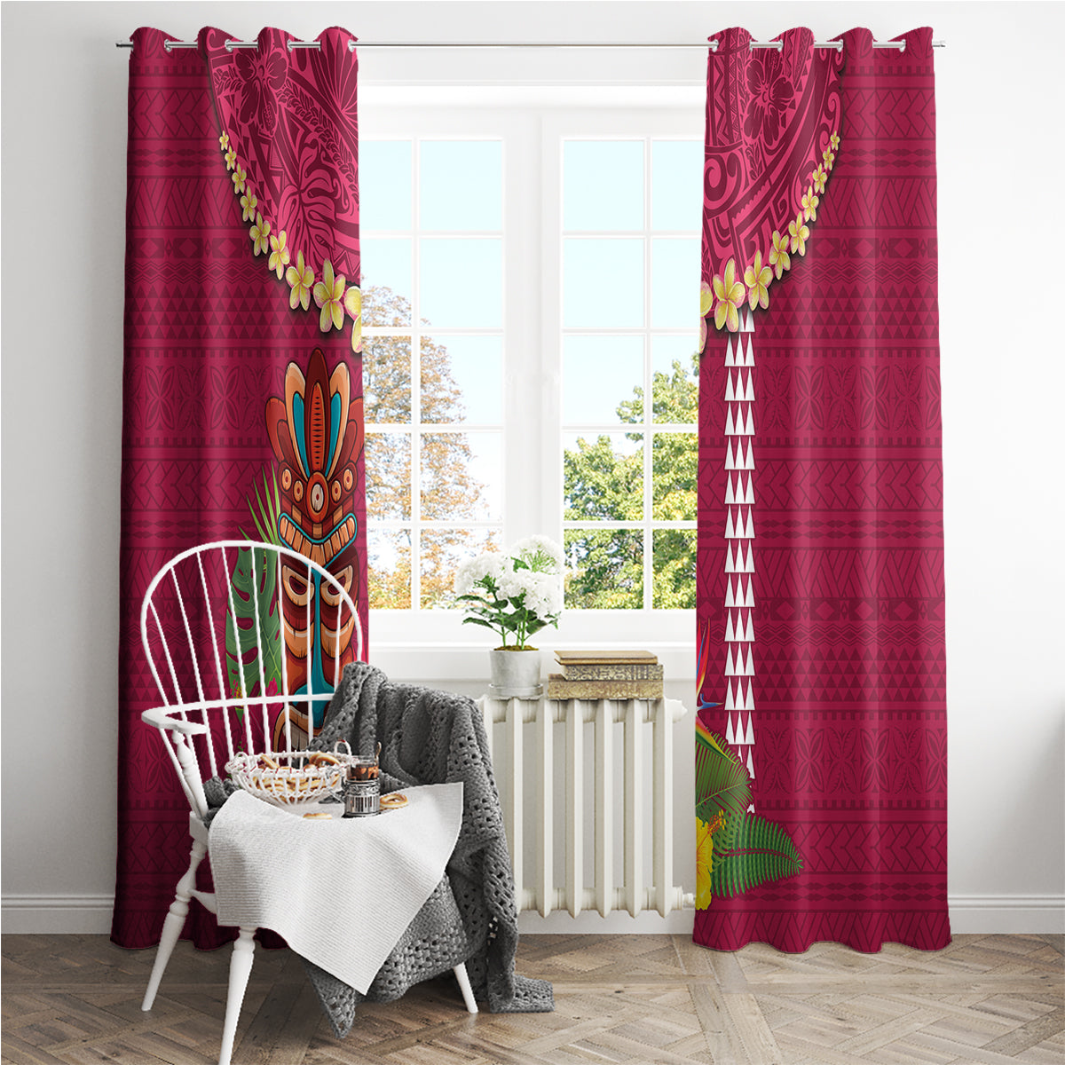 Hawaii Plumeria Lei Window Curtain Tiki and Kakau Pattern Pink Color LT03 - Polynesian Pride