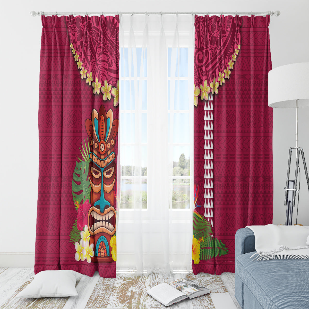 Hawaii Plumeria Lei Window Curtain Tiki and Kakau Pattern Pink Color LT03 - Polynesian Pride