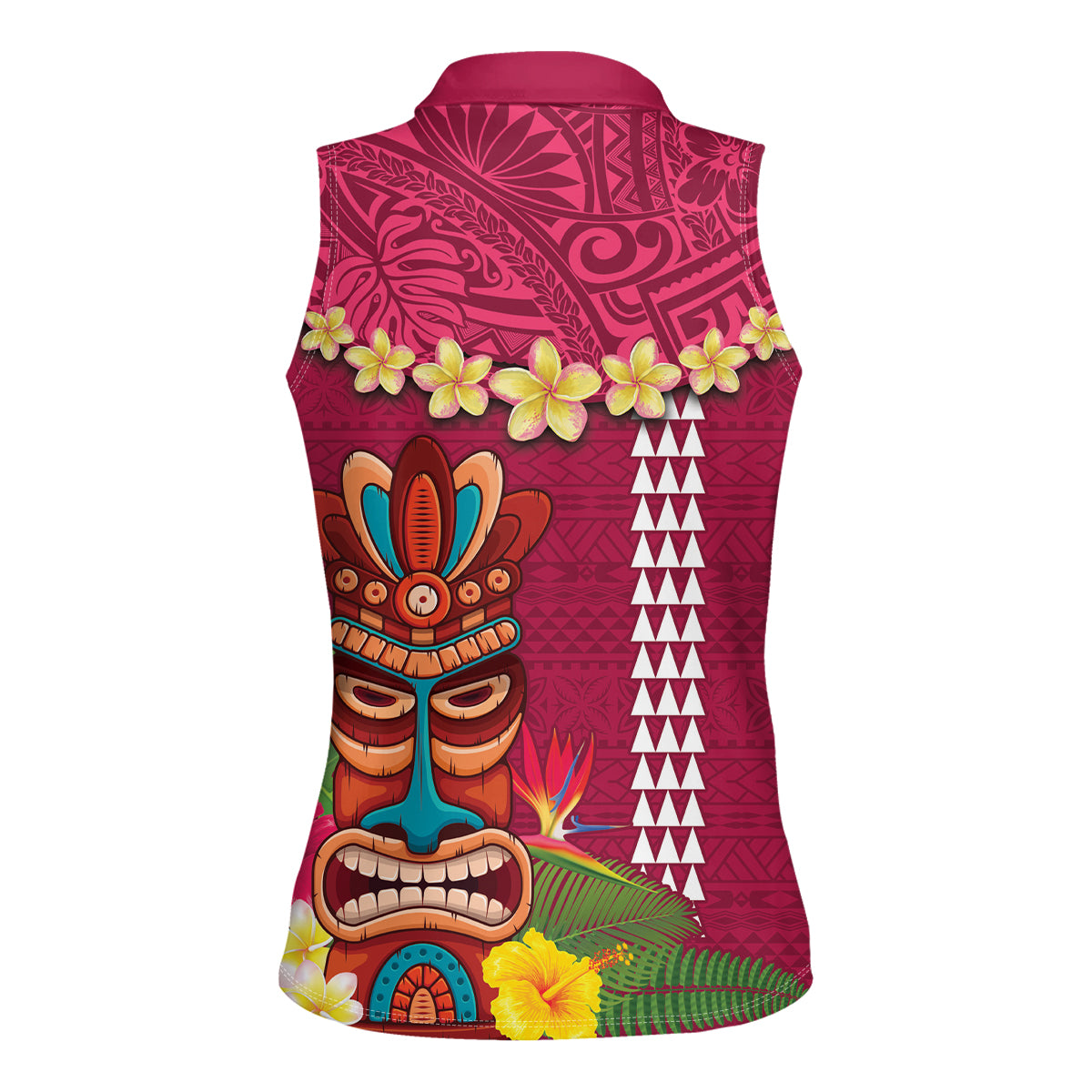 Hawaii Plumeria Lei Women Sleeveless Polo Shirt Tiki and Kakau Pattern Pink Color