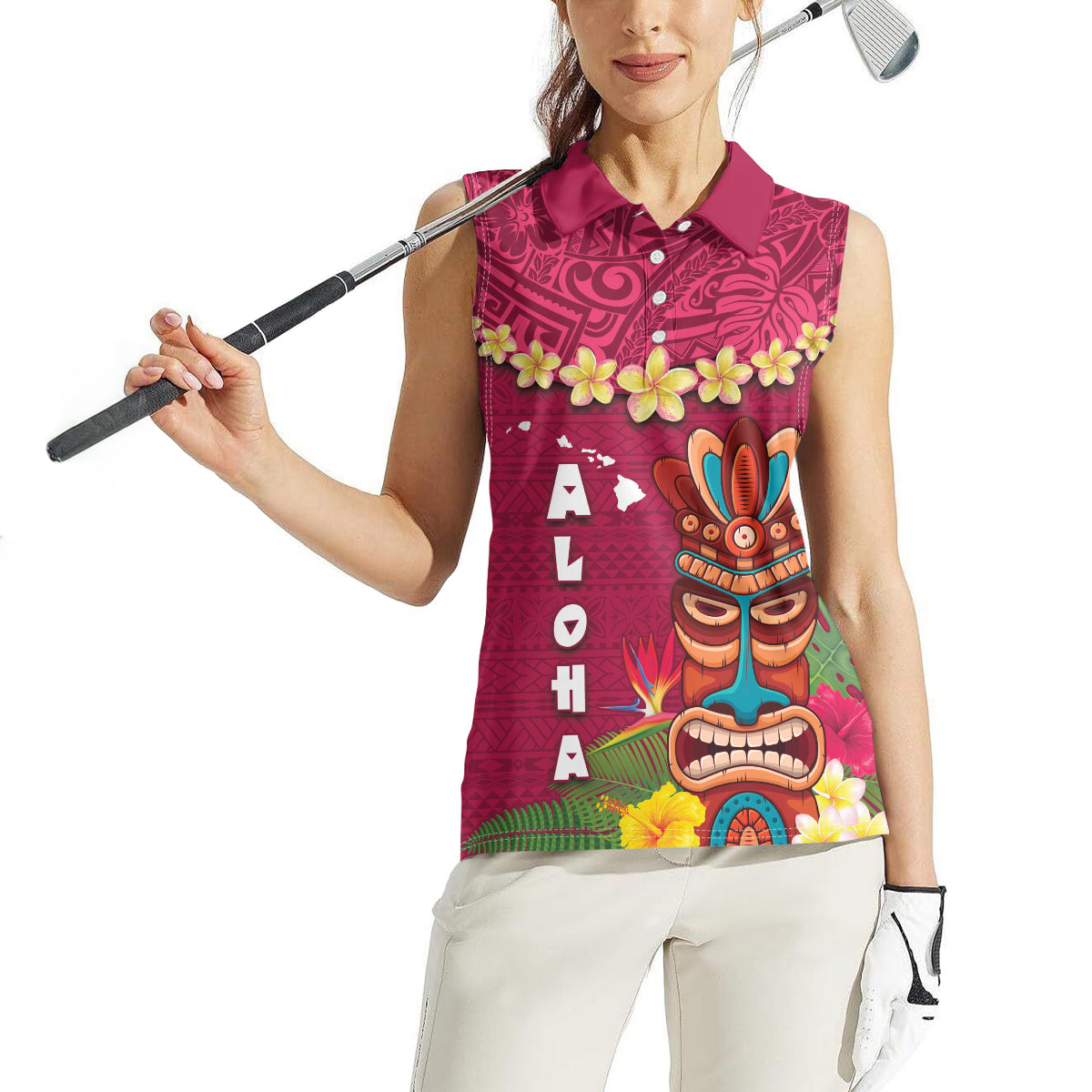 Hawaii Plumeria Lei Women Sleeveless Polo Shirt Tiki and Kakau Pattern Pink Color
