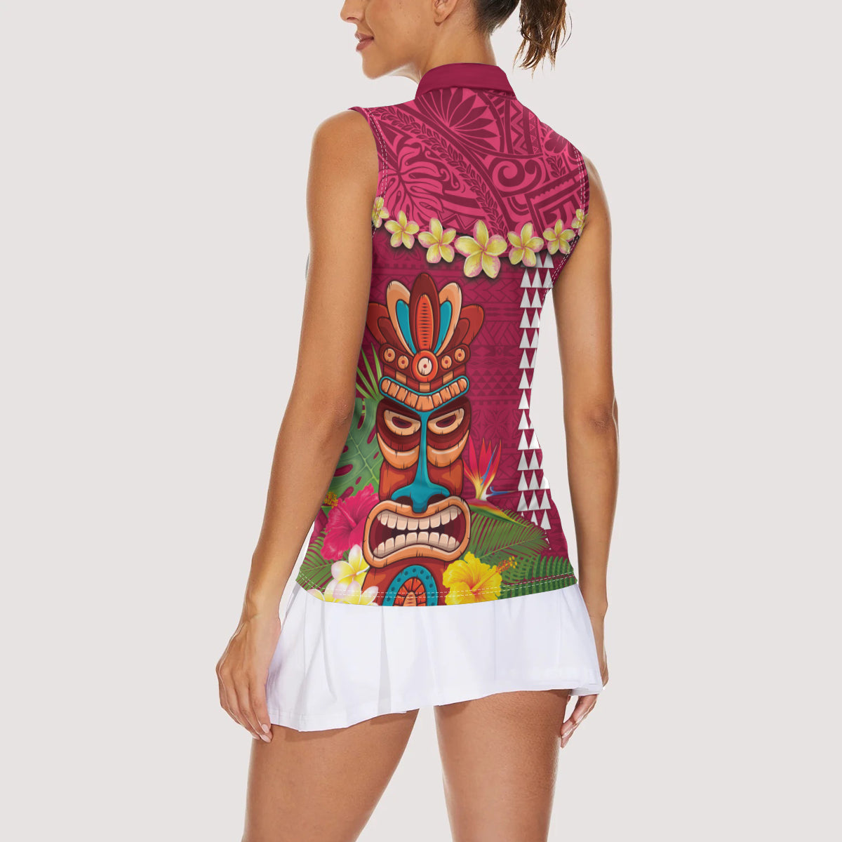 Hawaii Plumeria Lei Women Sleeveless Polo Shirt Tiki and Kakau Pattern Pink Color