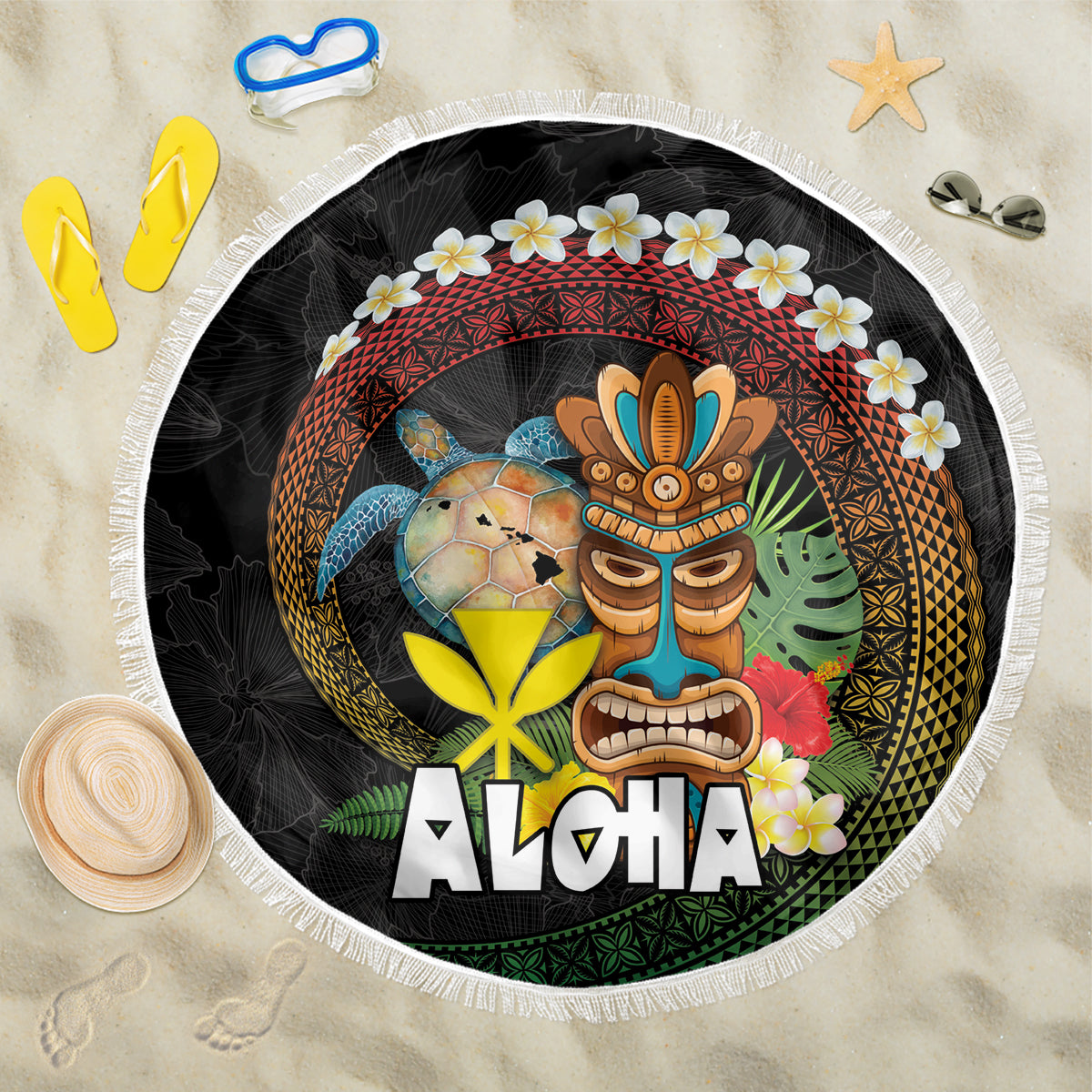 Aloha Hawaii Beach Blanket Kanaka Maoli with Polynesian Spiral Plumeria