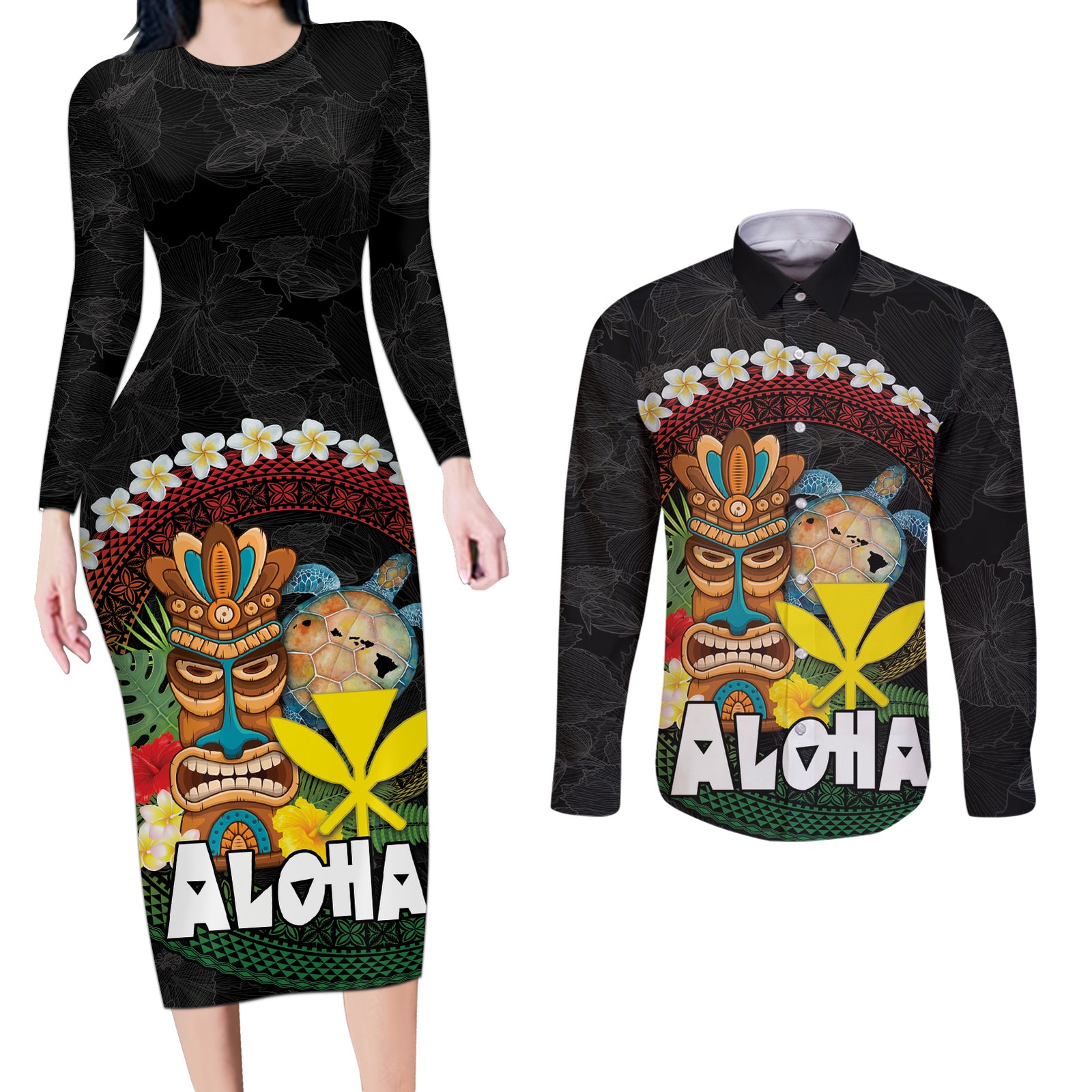 Aloha Hawaii Couples Matching Long Sleeve Bodycon Dress and Long Sleeve Button Shirt Kanaka Maoli with Polynesian Spiral Plumeria
