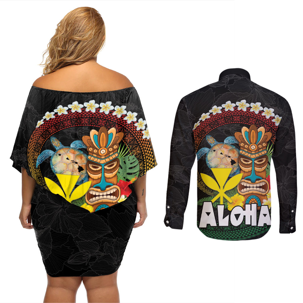 Aloha Hawaii Couples Matching Off Shoulder Short Dress and Long Sleeve Button Shirt Kanaka Maoli with Polynesian Spiral Plumeria