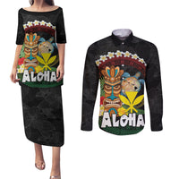 Aloha Hawaii Couples Matching Puletasi and Long Sleeve Button Shirt Kanaka Maoli with Polynesian Spiral Plumeria