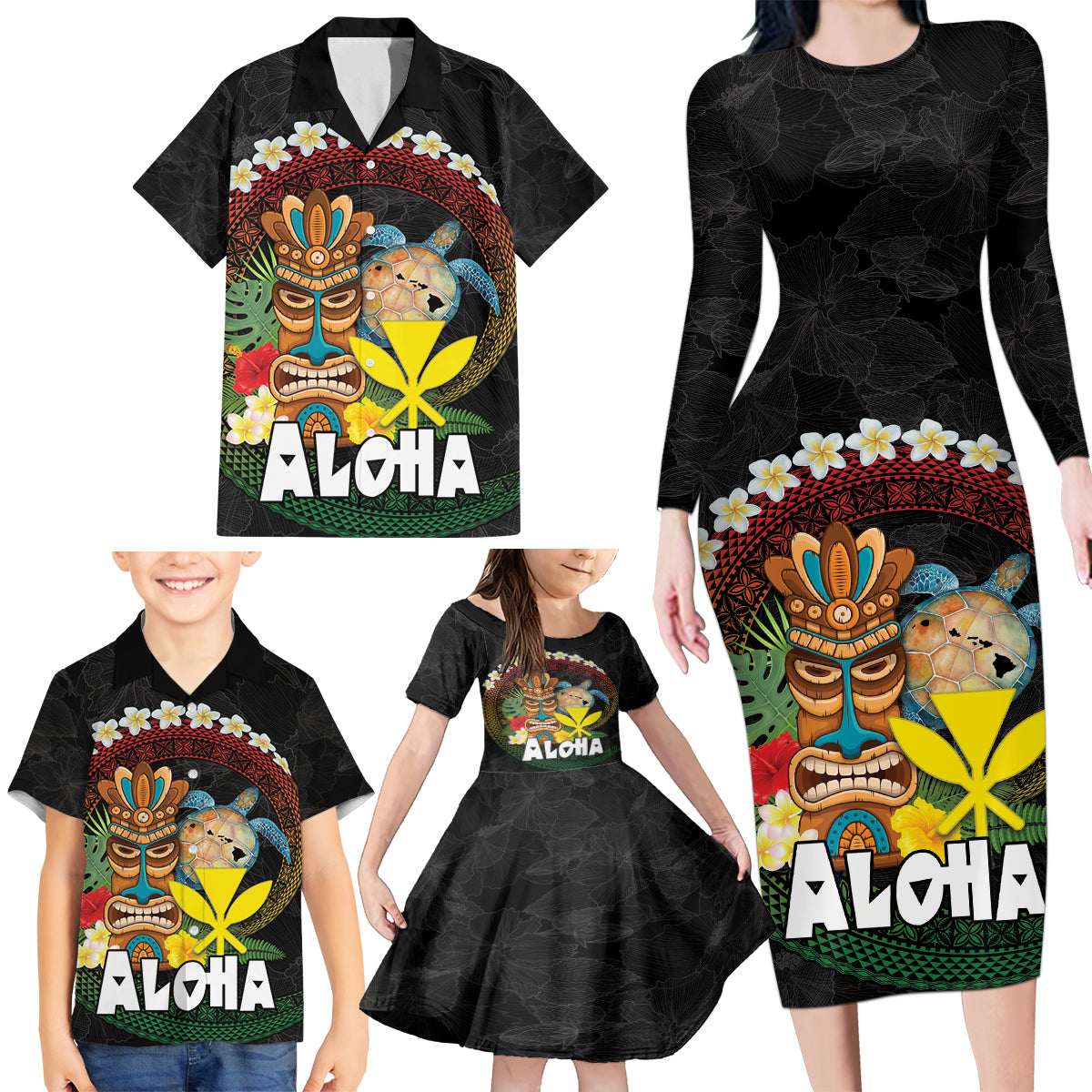 Aloha Hawaii Family Matching Long Sleeve Bodycon Dress and Hawaiian Shirt Kanaka Maoli with Polynesian Spiral Plumeria