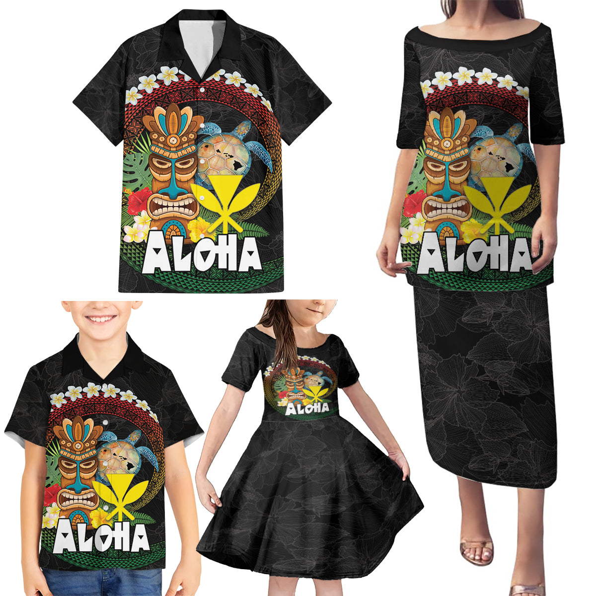 Aloha Hawaii Family Matching Puletasi and Hawaiian Shirt Kanaka Maoli with Polynesian Spiral Plumeria