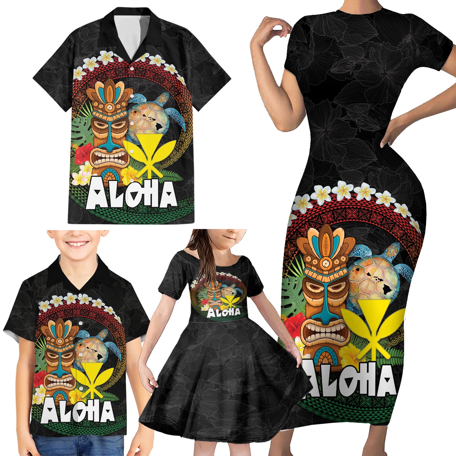 Aloha Hawaii Family Matching Short Sleeve Bodycon Dress and Hawaiian Shirt Kanaka Maoli with Polynesian Spiral Plumeria