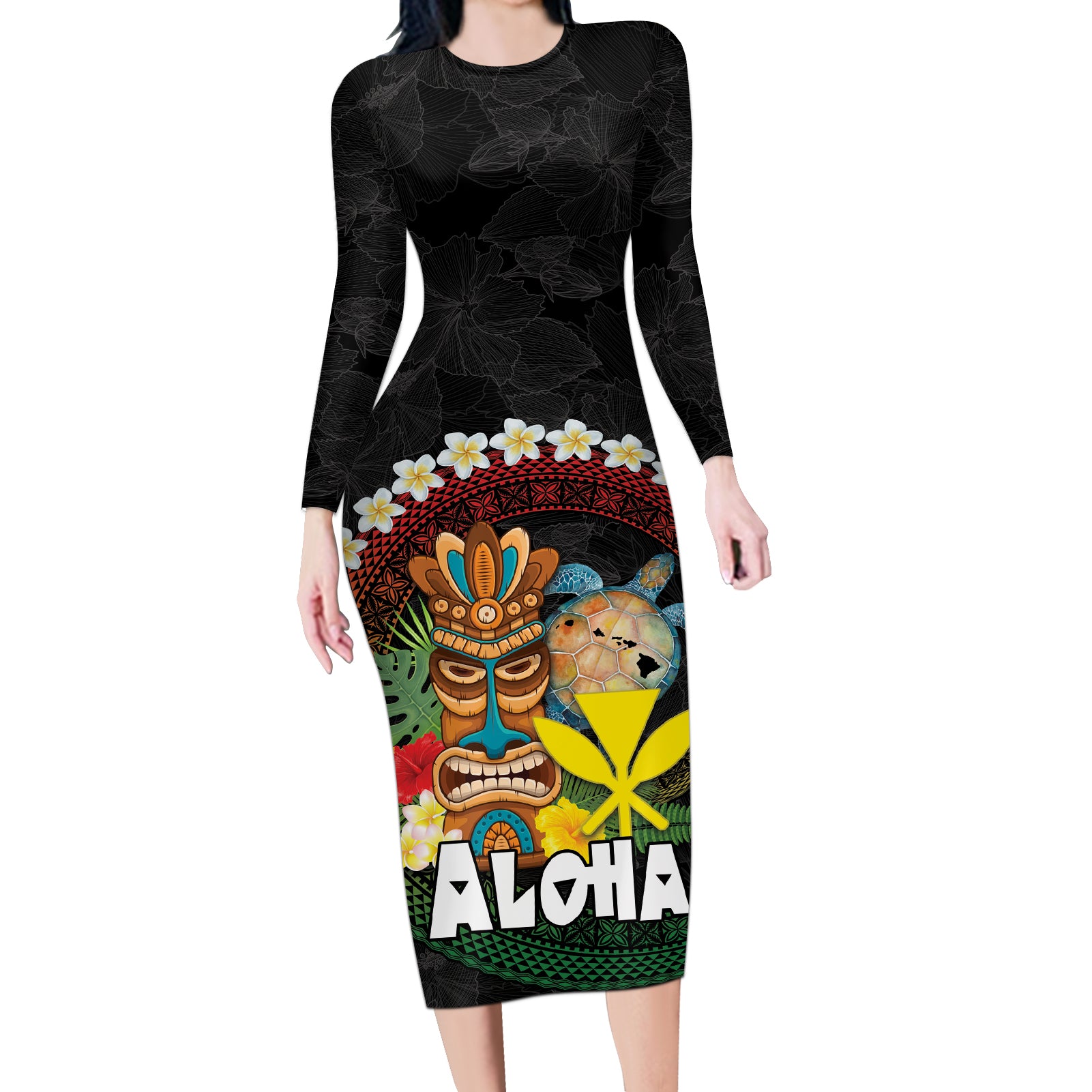 Aloha Hawaii Long Sleeve Bodycon Dress Kanaka Maoli with Polynesian Spiral Plumeria