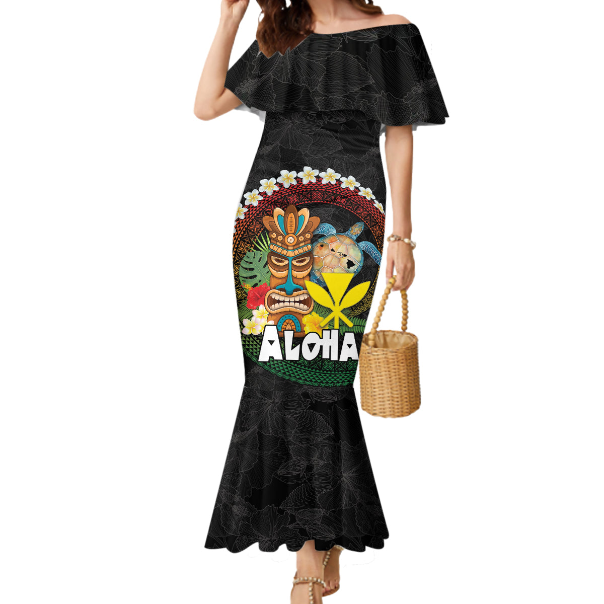 Aloha Hawaii Mermaid Dress Kanaka Maoli with Polynesian Spiral Plumeria