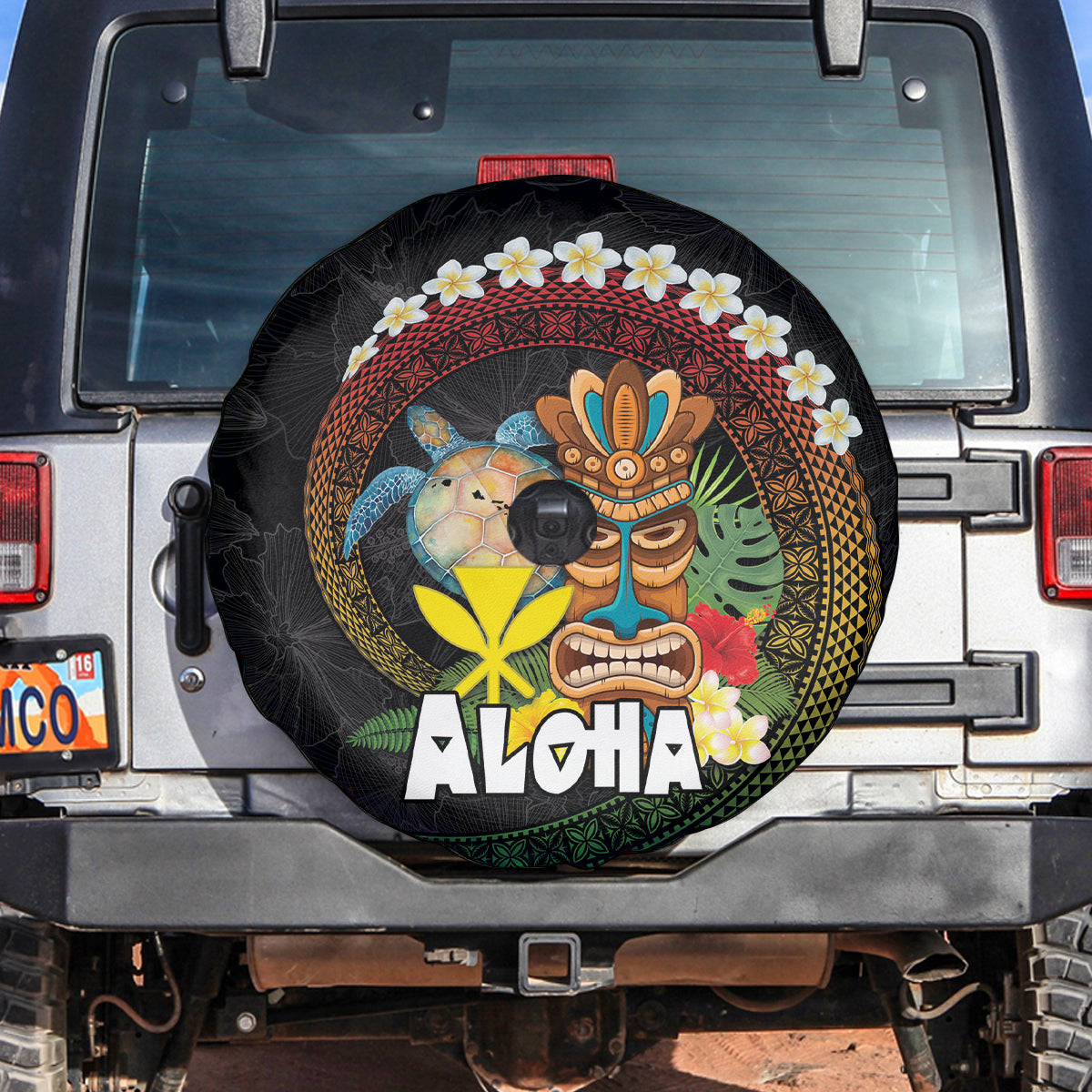 Aloha Hawaii Spare Tire Cover Kanaka Maoli with Polynesian Spiral Plumeria