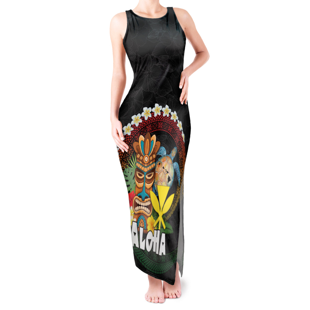 Aloha Hawaii Tank Maxi Dress Kanaka Maoli with Polynesian Spiral Plumeria